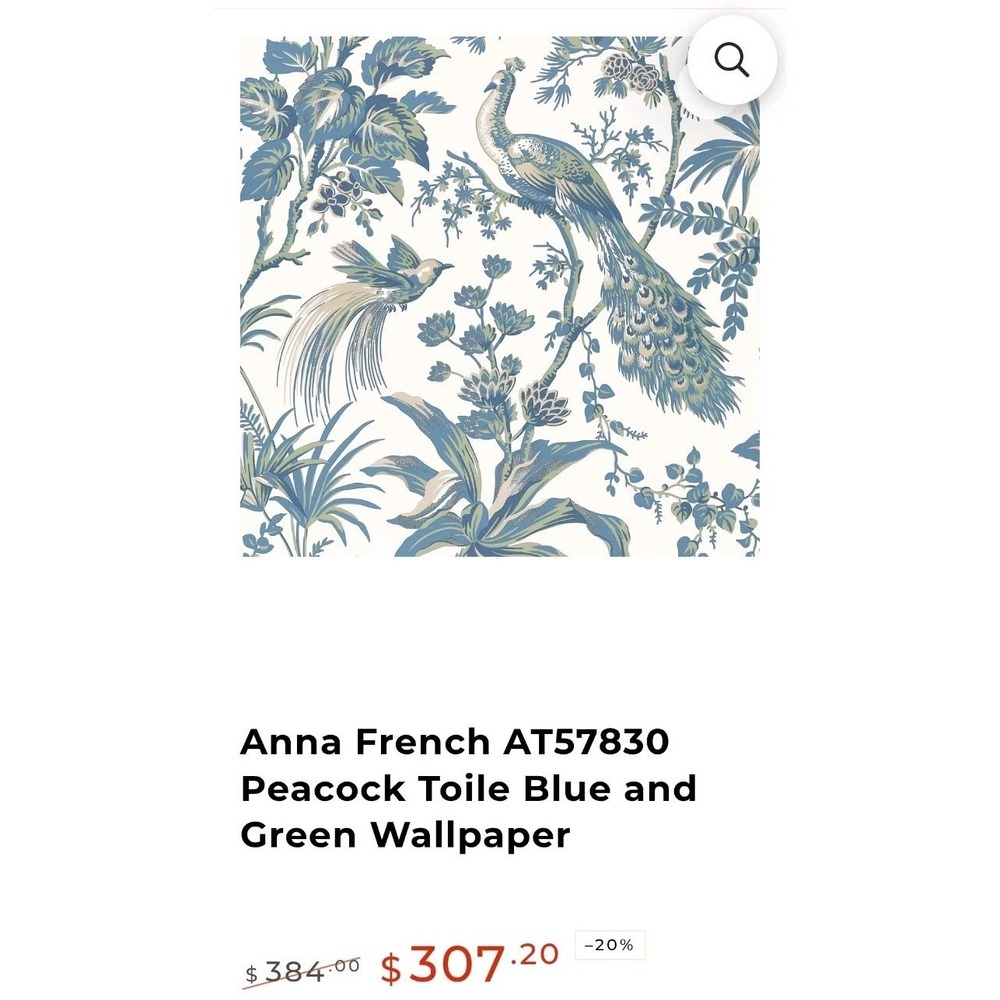 Anna French/Thibaut Blue Green White PEACOCK TOILE  AT57830 Double Roll SEALED